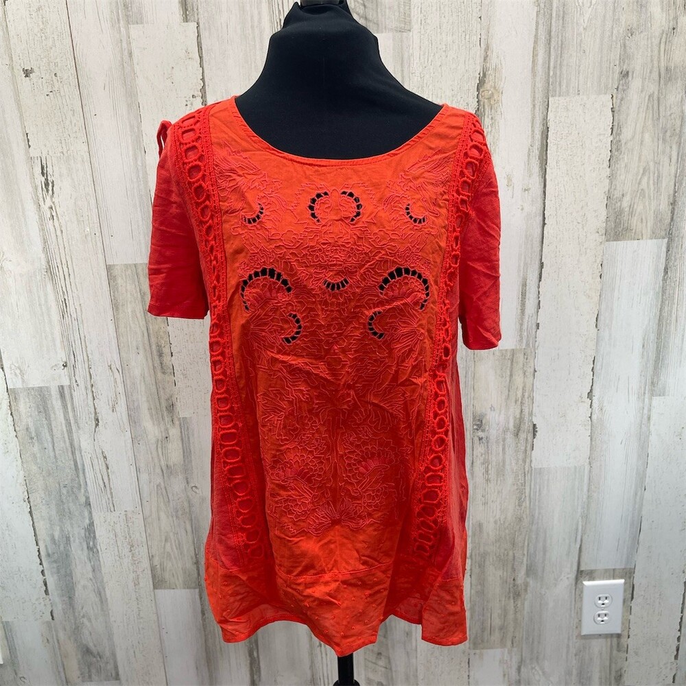 Democracy Tunic Top Womens Size S Coral Orange Embroidered Boho Short Sleeve